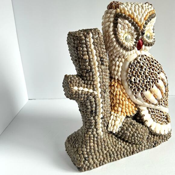 Vintage Shell Owl Figurine Vase Handmade Boho MCM Beach Decor Coastal Art - Picture 3 of 11